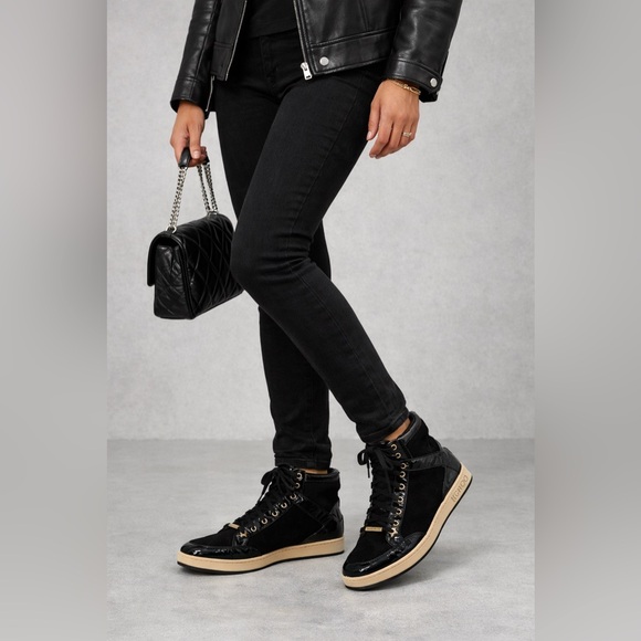 Jimmy Choo Shoes - Jimmy Choo Black Suede & Patent Leather High-Top Sneakers Gold Eyelets Size 35.5